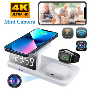 Introducing the Clock Wireless Charging Station SpyCam—a versatile docking station that includes a wireless charging pad for your smartphone, smartwatch, and earphones. It features a discreet 4K ultra HD mini camera with motion detection and Wi-Fi capabilities. The product image displays a family scene on a phone screen.