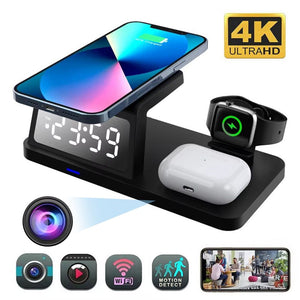 The Clock Wireless Charging Station SpyCam is a versatile 4-in-1 device that includes a wireless charging pad for your phone, watch, and earbuds. It also features a digital clock display and discreetly incorporates camera icons, combining both functionality and style.