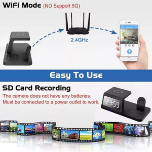 Clock Wireless Charging Station SpyCam offers SD card recording and WiFi connectivity at 2.4GHz, allowing phone access while requiring a power outlet instead of batteries. This elegant and covert camera captures stunning 4K video. The display shows a time of 23:59 and includes a filmstrip with nature images at the bottom for added visual appeal.