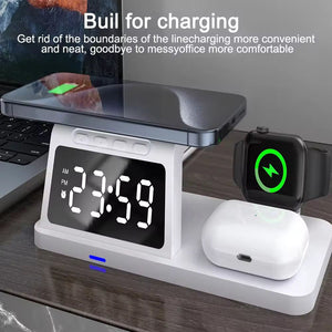 The Clock Wireless Charging Station SpyCam shows the time at 23:59 while providing a wireless charging pad that effortlessly powers your smartphone, smartwatch, and earbuds.