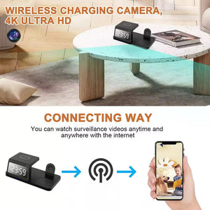 The Clock Wireless Charging Station SpyCam seamlessly integrates a hidden 4K camera into its sleek digital clock design, providing wireless smartphone connectivity for internet-based surveillance video viewing and also serving as a wireless charging pad.