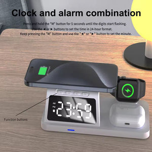 The Clock Wireless Charging Station SpyCam, featuring a large LED display, complements the wooden nightstand by effortlessly charging your phone, smartwatch, and earbud cases. Instructions for setting the time are neatly displayed above.