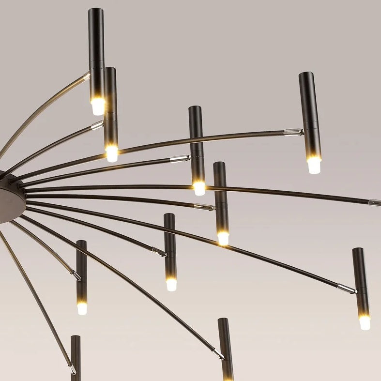 This contemporary candle style chandelier offers adjustable lighting with numerous lights hanging from it.