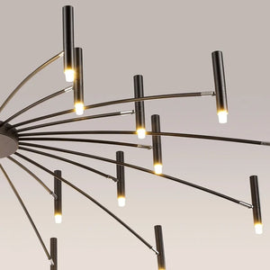 This contemporary candle style chandelier offers adjustable lighting with numerous lights hanging from it.