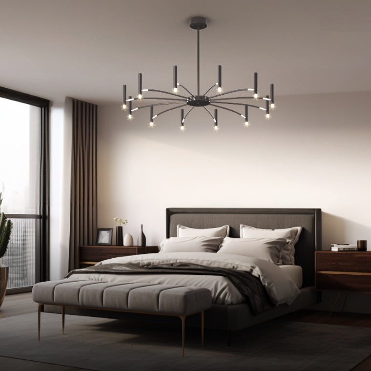 A contemporary bedroom exuding elegance featuring a bed adorned with a stunning chandelier.