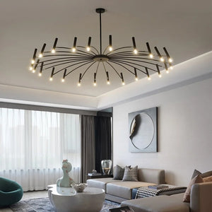 An elegant living room with a Contemporary Candle Style Chandelier, offering adjustable lighting.