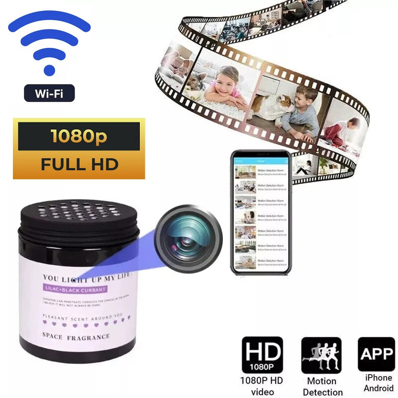 A hidden Cylindrical Display SpyCam in a black air freshener container, labeled "1080p FULL HD," with motion detection and wireless connectivity, sits next to a smartphone displaying video feed and a film strip showing family photos.