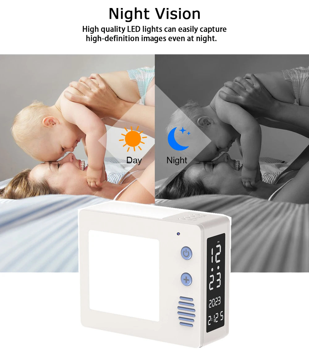 Image of a Night Light Clock SpyCam displaying a mother with her baby in day and night modes. The device shows the current date and time, featuring high-quality LED lights for clear nighttime images, similar to the performance you'd expect from a 1080P HD recording device.