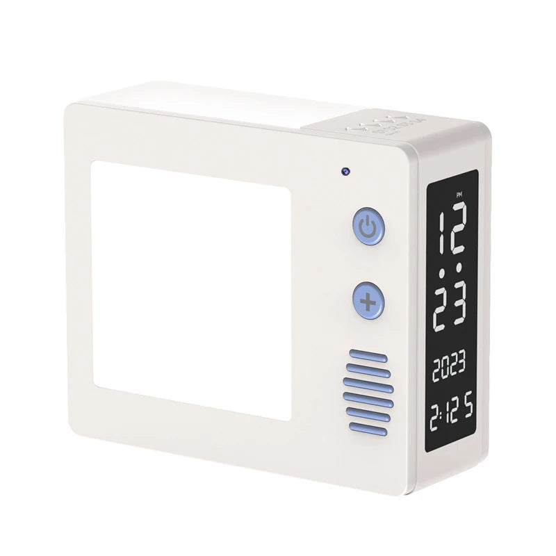 The Night Light Clock SpyCam is a white digital alarm clock with blue buttons that displays the time, date, and temperature while also functioning as a covert 1080P HD recording Night Vision Clock Camcorder.