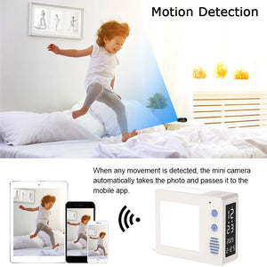 A child is jumping on a bed, being monitored by the Night Light Clock SpyCam with 1080P HD recording capabilities. The camera's feed is displayed on a mobile app, while the device doubles as a night vision clock camcorder with a digital clock display.