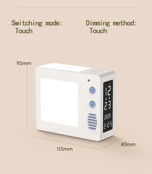 Introducing the Night Light Clock SpyCam, a digital alarm clock equipped with touch controls for switching modes and dimming. It measures 95mm in height, 115mm in width, and 40mm in depth. The display showcases time, date, and temperature. This device features an integrated SpyCam for discreet monitoring with night vision capabilities.