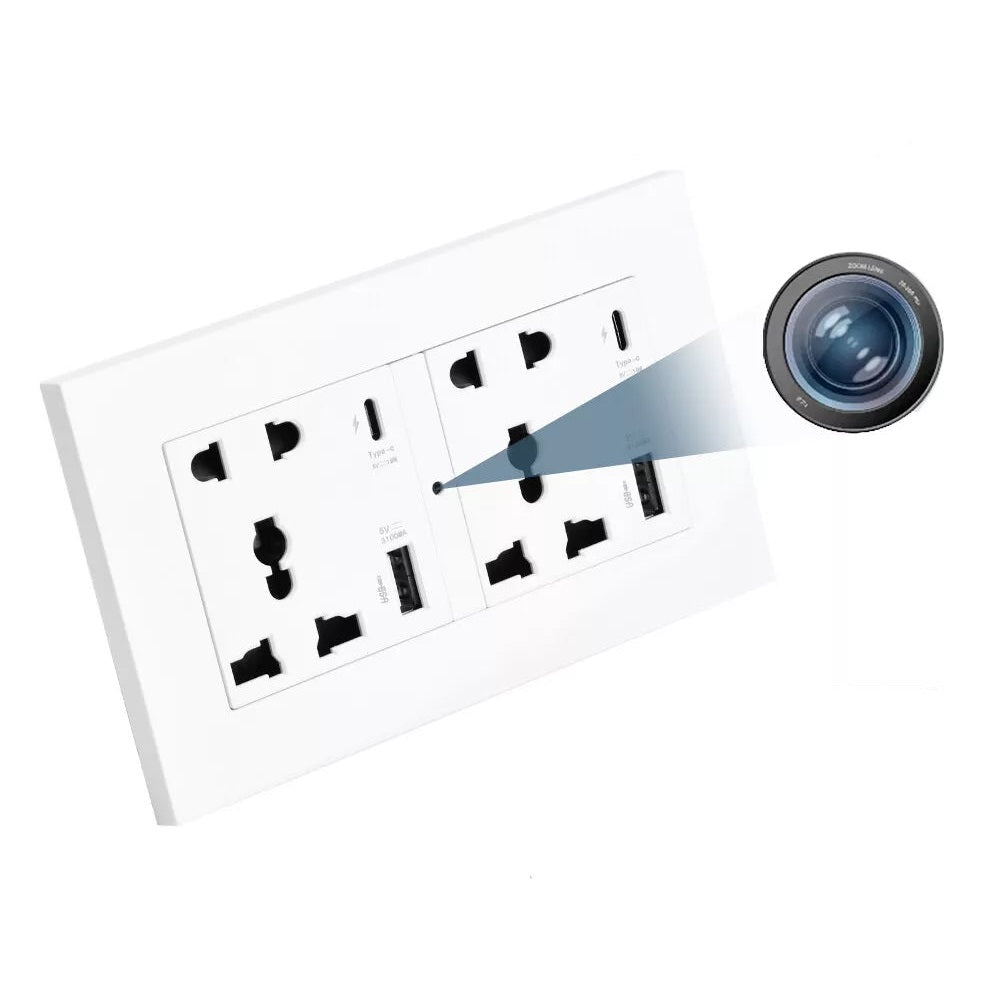 The EU Plug Wall Outlet SpyCam discreetly hides a camera in an outlet, featuring multiple plug sockets and USB ports, and capturing 1080p HD footage.