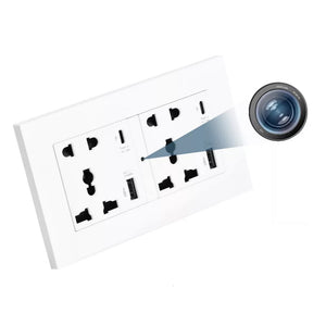 The EU Plug Wall Outlet SpyCam discreetly hides a camera in an outlet, featuring multiple plug sockets and USB ports, and capturing 1080p HD footage.