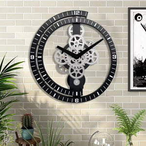 The Industrial Gear Wall Clock brings a modern industrial aesthetic to life, featuring exposed gears that provide intricate detail against a brick backdrop, all elegantly framed by lush potted plants.