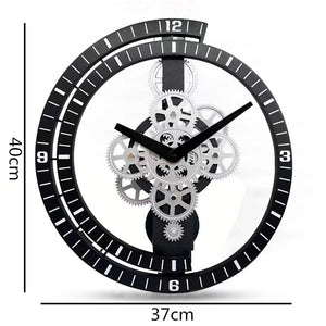 The Industrial Gear Wall Clock, featuring an industrial aesthetic with its visible silver gears, is a black mechanical piece measuring 40cm in height and 37cm in width. It perfectly complements modern decor by seamlessly blending function with style.