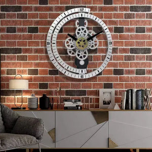 Modern Industrial Aesthetic: The *Industrial Gear Wall Clock*, featuring exposed gears, adds a mechanical touch to the brick wall above a sleek modern sideboard, enhanced by a lamp and decorative items.