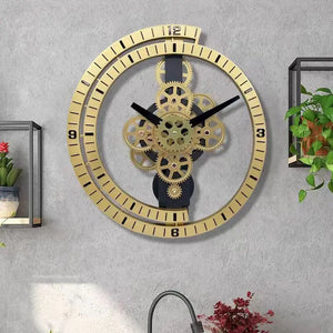 The Industrial Gear Wall Clock, showcasing visible golden gears and black hands against a gray backdrop, exudes an industrial aesthetic and is elegantly complemented by potted plants to complete the modern decor.