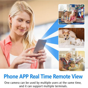 A woman using a Fake Decorative Display SpyCam smartphone is depicted, alongside smaller images of two children reading, a dog lying down, and an elderly man with a child. The text reads: "Phone APP Real Time Remote View. One high-tech surveillance tool can be used by multiple users at the same time.