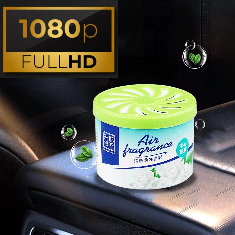 A container of Fake Decorative Display SpyCam with a green lid is placed inside a car, subtly doubling as a high-tech surveillance tool. The image also includes a "1080p FULL HD" label in the top left corner.