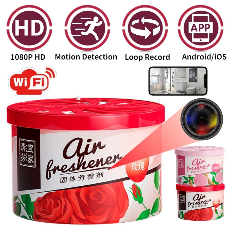 The Fake Decorative Display SpyCam features a round air freshener design with a built-in hidden camera, showcasing WiFi capabilities, 1080P HD quality, motion detection, loop recording, and compatibility with Android/iOS apps. An image of a smartphone screen accompanies these icons. This advanced surveillance tool effortlessly integrates into any setting.