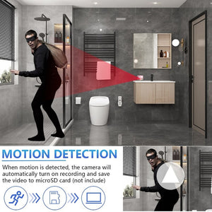 A person dressed in black, wearing a mask and carrying a backpack, is seen in a bathroom as the Fake Decorative Display SpyCam with advanced motion detection records them. Text below explains the surveillance tool's sophisticated motion detection and recording features.