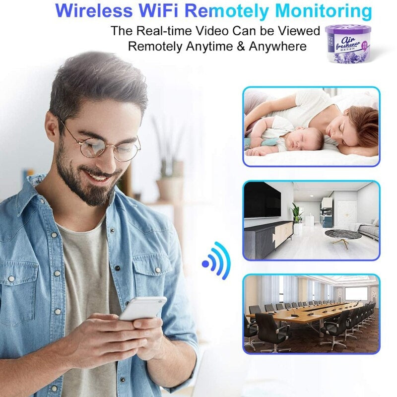 A man uses the Fake Decorative Display SpyCam to remotely monitor activities via wireless WiFi. Below are three images depicting a baby sleeping, a living room, and a conference room, showcasing different monitoring scenarios made possible by this hidden camera.