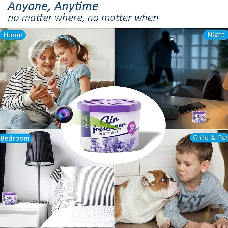 A collage featuring various settings where the Fake Decorative Display SpyCam air freshener is used: a living room with an elderly woman and child, a night scene with an intruder, a bedroom, and a child with their pet dog—all highlighting this innovative product that combines air freshening with discreet surveillance.
