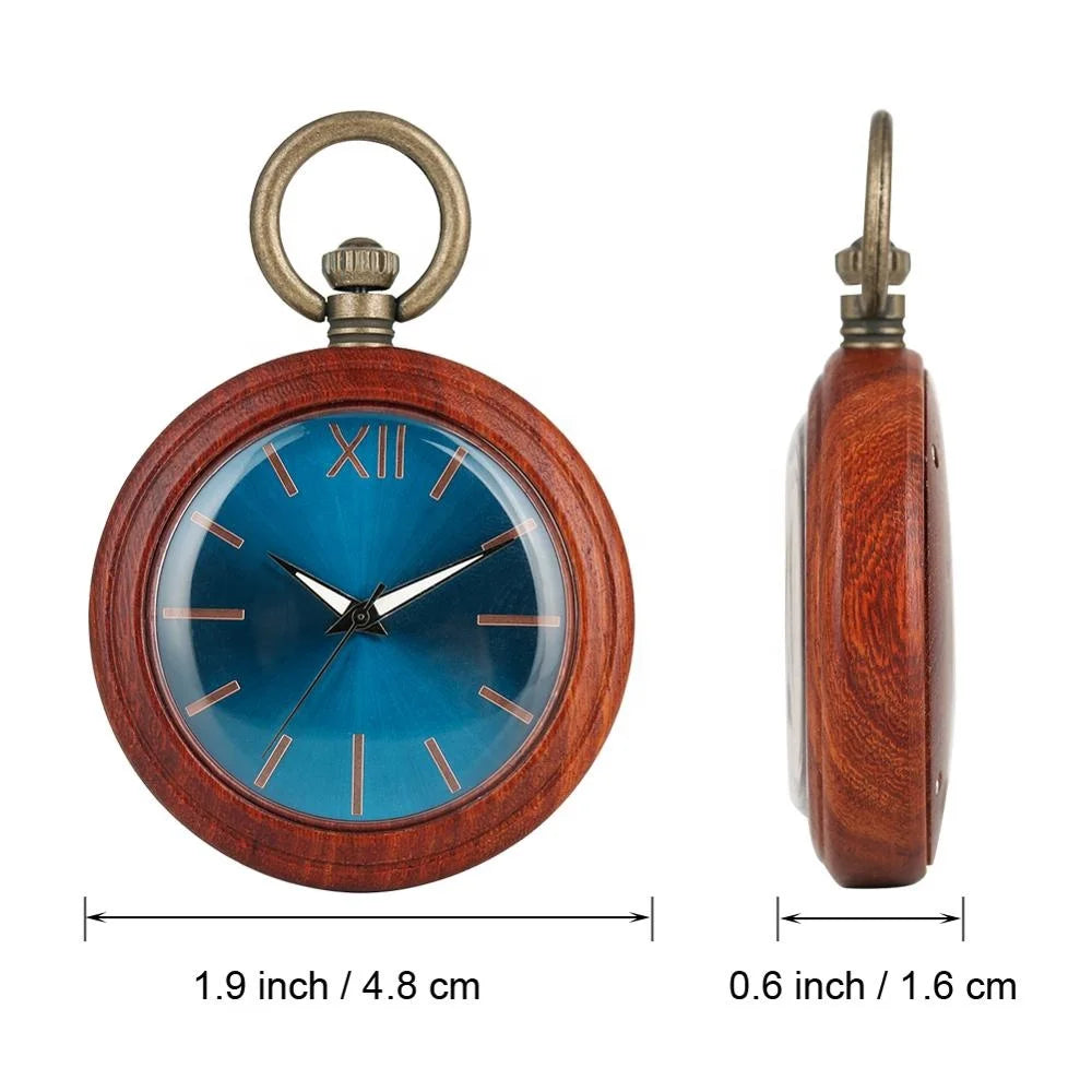 The Custom Vintage Antique Quartz Pocket Watch is a natural handmade wooden pocket watch with a blue face and wooden frame, shown in front and side views, measuring 1.9 inches (4.8 cm) wide and 0.6 inch (1.6 cm) thick.