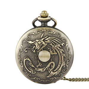 High Quality Cheap Vintage Dragon Engraved Quartz Old Pocket Watch Relojes Antiguos Bolsillo with ornate dragon detail on the cover and attached chain—timeless vintage charm.