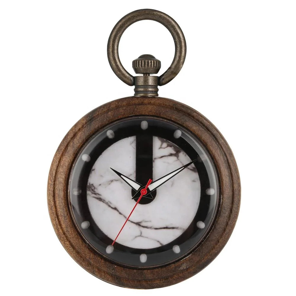 The Custom Vintage Retro Handmade Marble Dial Quartz Wood Pocket Watch features a round wooden case, a marble-patterned dial with minimalist black hour markers, and hands set to 12:30 with a red second hand.