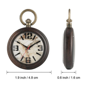 The High Quality Marble Stone Watch Dial Wooden Pocket Watch features a vintage wooden case, marble-patterned face, black numbers, and metal ring; measures 1.9" wide by 0.6" thick.