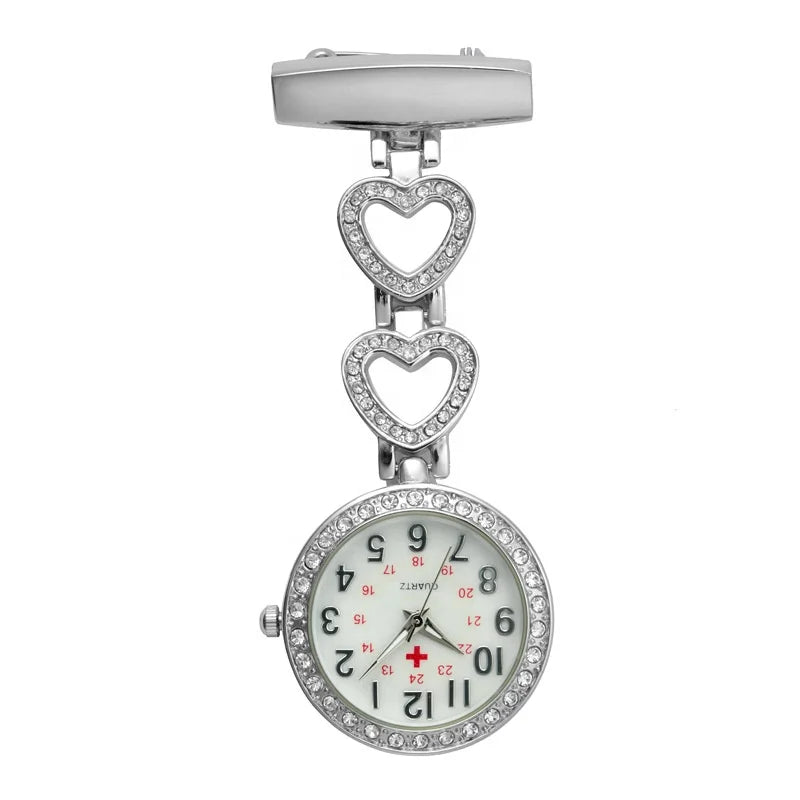 The Alloy Metal Diamond Doctor Medical Nurse Pocket Watch features a white dial with black numerals and red cross symbol—an elegant quartz watch, ideal for breast nurses.