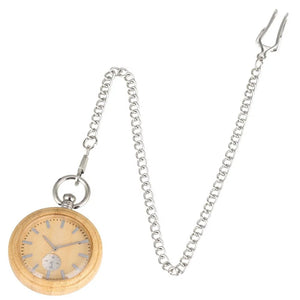A Personalized Natural Minimalist Silver Bamboo Wood Pocket Watch Taschenuhr with a silver chain and belt hook is displayed on a white background.