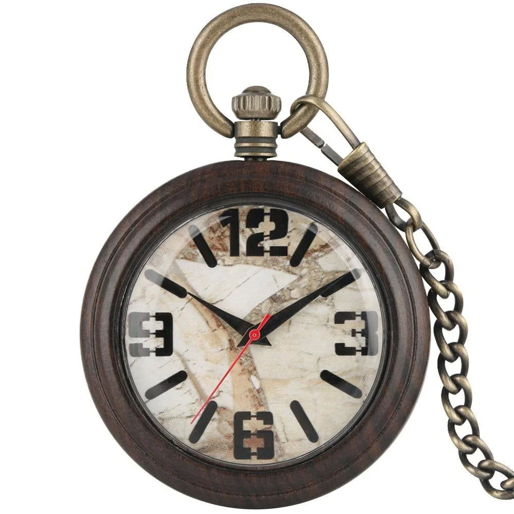 The High Quality Marble Stone Watch Dial Wooden Pocket Watch is a vintage quartz pocket watch with a round wood case, marble-patterned face, black numerals, and metal chain.