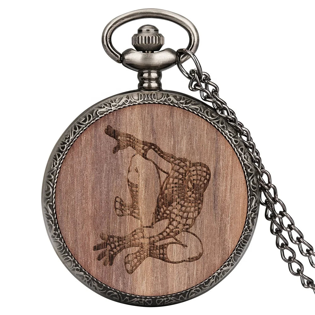 The Antique Vintage Japan Movt Quartz Pocket Watch is a wood pocket watch with a chain, featuring a custom-logo engravable wood inlay engraved with an image of a crouching superhero in a spider-like pose.