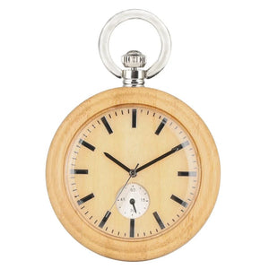 The Personalized Natural Minimalist Silver Bamboo Wood Pocket Watch Taschenuhr features black hour markers, black hands, a small second dial at the bottom, and a silver crown and loop on top.