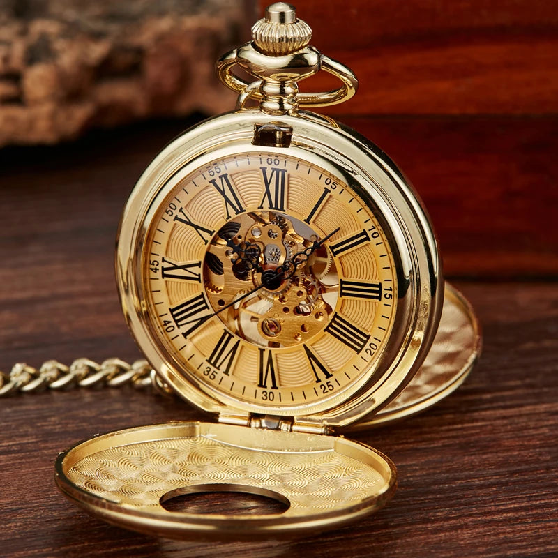 The Vintage Mechanical Pocket Watch, featuring a Roman numeral face and exposed intricate inner gears, rests on a wooden surface with its chain attached.
