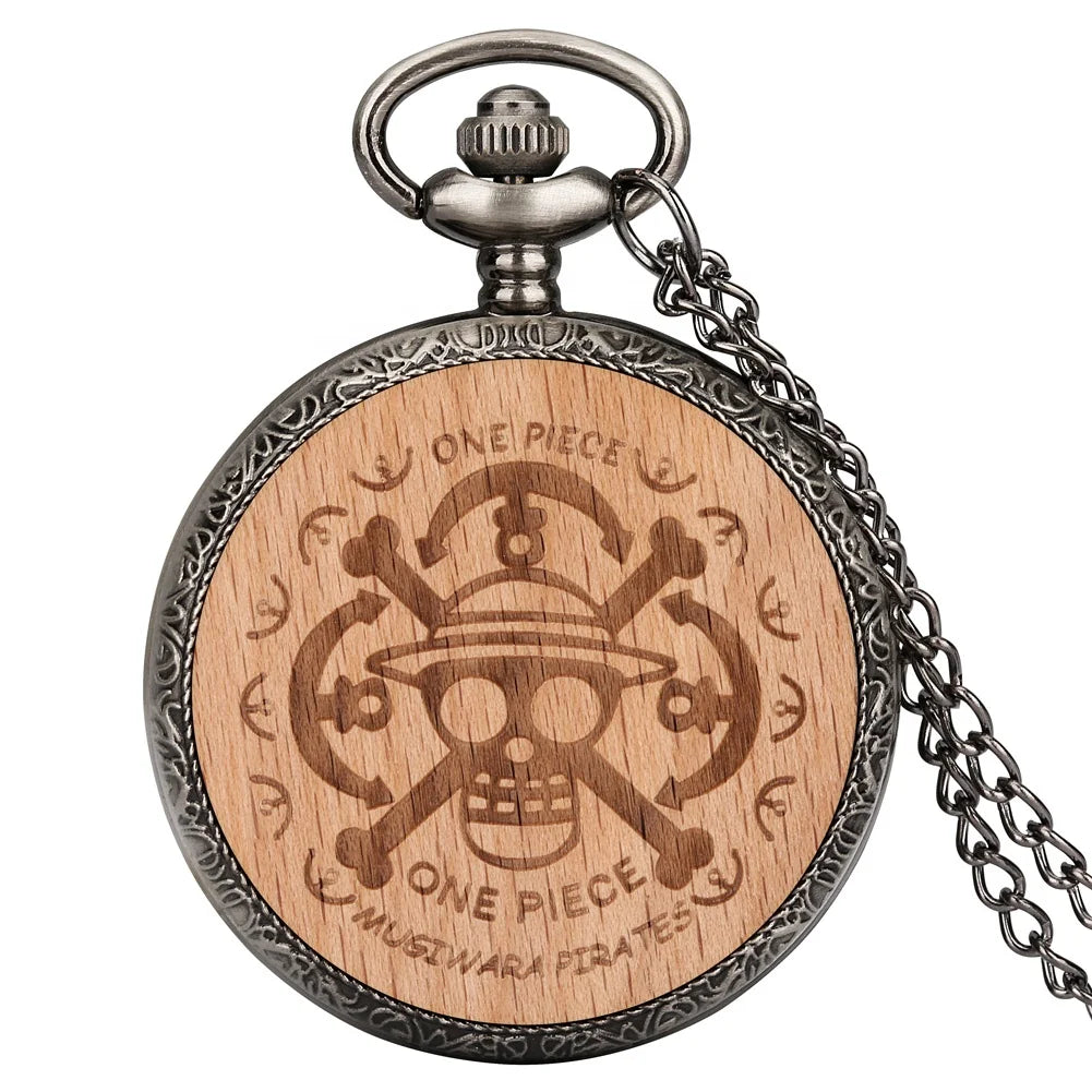 The Antique Vintage Japan Movt Quartz Pocket Watch features a custom logo engravable wooden cover, classic quartz movement, and vintage style, making it a unique blend of elegance and personalization.