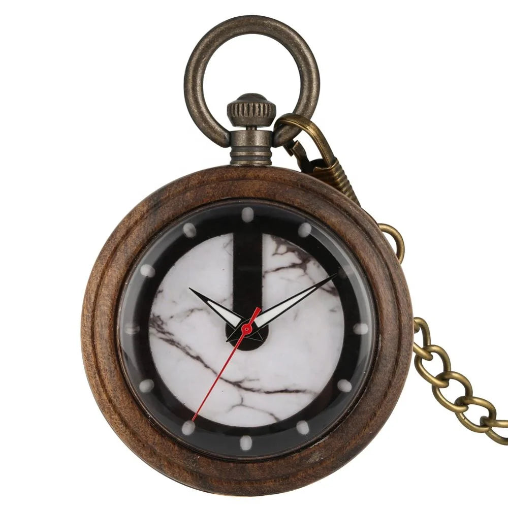 The Custom Vintage Retro Handmade Marble Dial Quartz Wood Pocket Watch features a wooden frame, marble-patterned face, black hour and minute hands, red second hand, and comes attached to a brass chain.