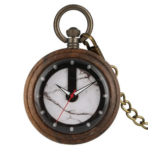 The Custom Vintage Retro Handmade Marble Dial Quartz Wood Pocket Watch features a wooden frame, marble-patterned face, black hour and minute hands, red second hand, and comes attached to a brass chain.