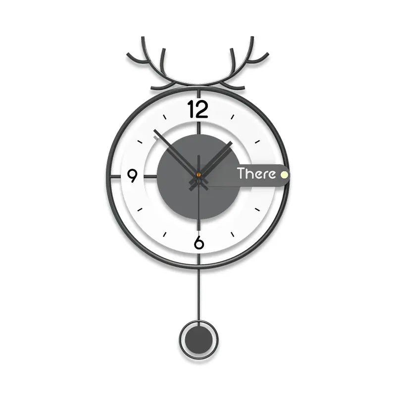 Introducing the Antler-like Wall Clock: a nature-inspired wall clock with a minimalist design, featuring antler-like decorations at the top, a pendulum at the bottom, and the word "There" pointing to the 3 o'clock position.