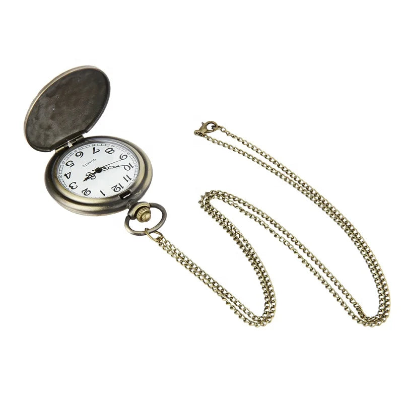The Dragon Pocket Watch features an open antique brass design with a white face, black numbers, and a long metal chain, displayed on a white background.