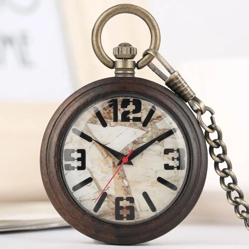 The High Quality Marble Stone Watch Dial Wooden Pocket Watch is a vintage quartz pocket watch with a bronze chain, black numerals, and a white marbled face featuring red and black hands.