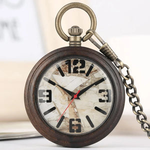 The High Quality Marble Stone Watch Dial Wooden Pocket Watch is a vintage quartz pocket watch with a bronze chain, black numerals, and a white marbled face featuring red and black hands.