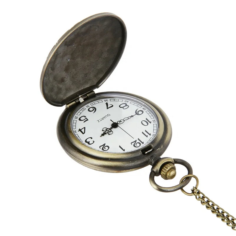 Open High Quality Cheap Vintage Dragon Engraved Quartz Old Pocket Watch with a white face, black numerals, ornate hands, and a chain—an elegant example of vintage charm from Relojes Antiguos Bolsillo.