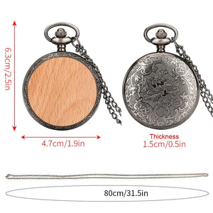 The Antique Vintage Japan Movt Quartz Pocket Watch features a wooden inlay front, engraved back, 80 cm chain, 4.7 cm diameter, and 1.5 cm thickness. Custom logo engravable for a personalized touch.