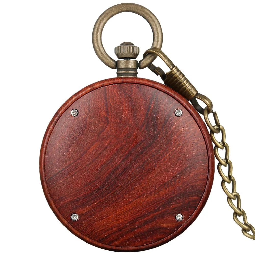 The Custom Vintage Antique Quartz Pocket Watch features a handmade round wooden case, brass-toned winding crown, and metal chain, shown closed from the back.