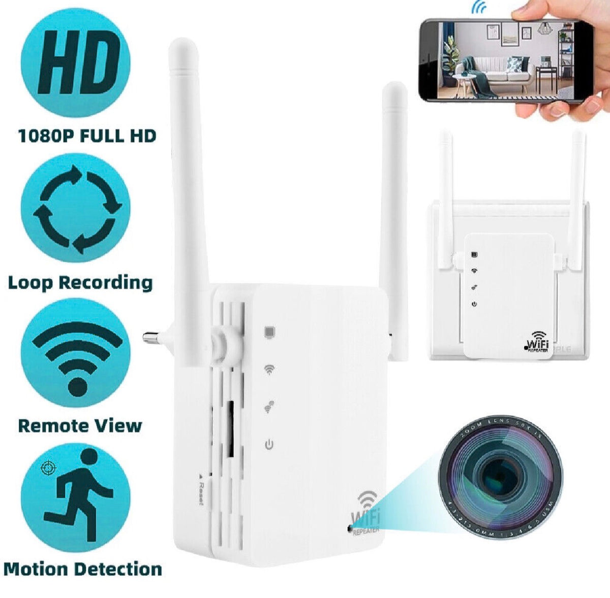 The SpyCam WiFi Repeater, a white security camera device with antennas, discreetly functions as a hidden camera and is featured alongside icons for HD video, loop recording, remote viewing, motion detection, and a phone displaying live footage.
