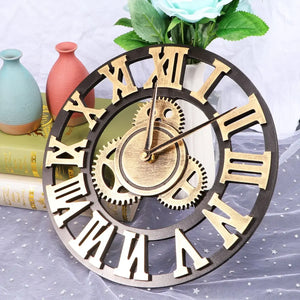 The Retro Gear Wall Clock featuring Roman numerals and visible gear motifs is elegantly displayed on a table with colored vases and books.