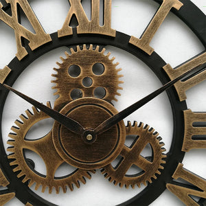 Close-up of a Retro Gear Wall Clock in steampunk style, featuring Roman numerals and visible bronze gear motifs.